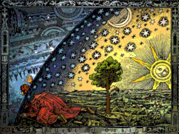 Anonymous engraving published in L'Atmosphère by Camille Flammarion (1888): a figure lifts a starry celestial vault to reveal a solar landscape beyond.
