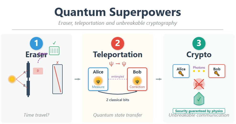 Illustration of the three main applications of quantum entanglement: eraser, teleportation and secure key distribution.