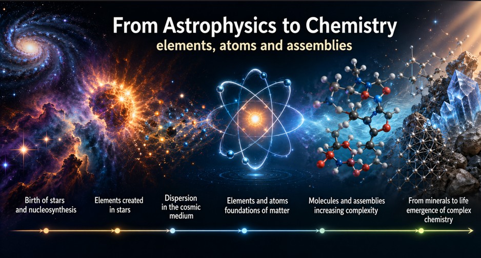 Transition from elements produced by stars toward atoms capable of assembling into chemical structures.