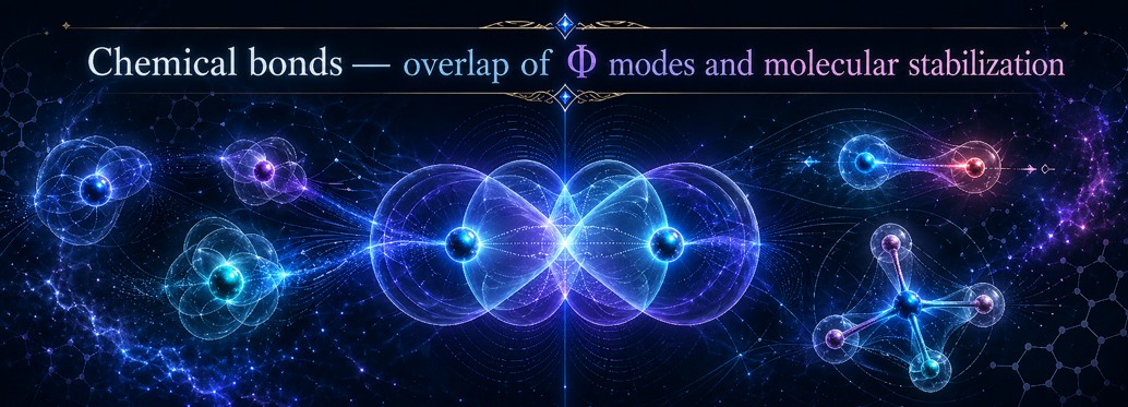 Chemical bonds interpreted as overlaps of Φ modes and stabilization between atomic centers.