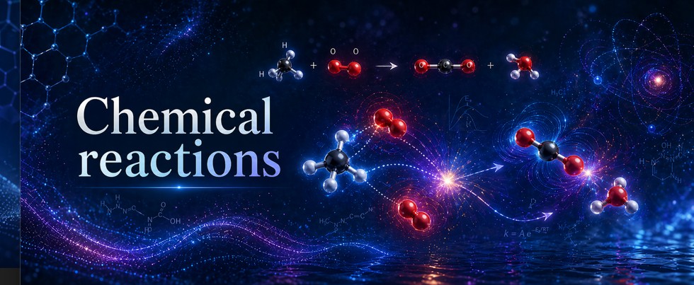 Chemical reaction described as a reorganization path between an initial state, a transition state and a final state.