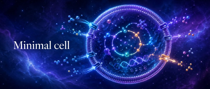 Minimal cell integrating membrane, flows, metabolism, information and controlled exchanges.