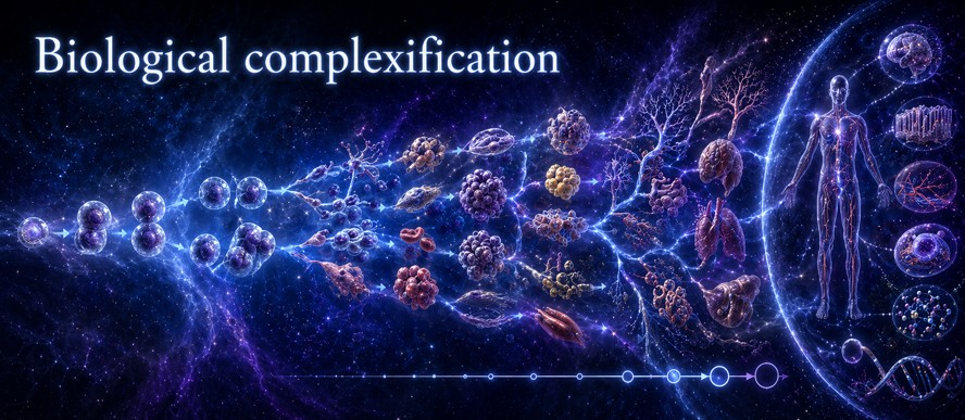 Biological complexification through differentiation, cooperation, integration and scale constraints.