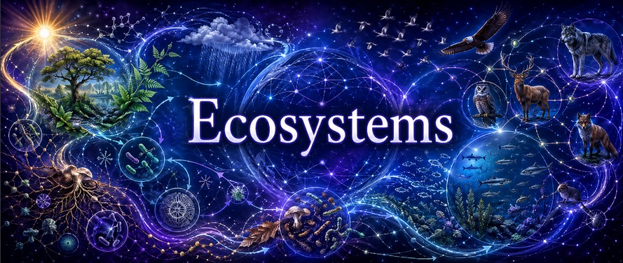Ecosystem showing trophic networks, matter cycles, energy flows and relational stability.