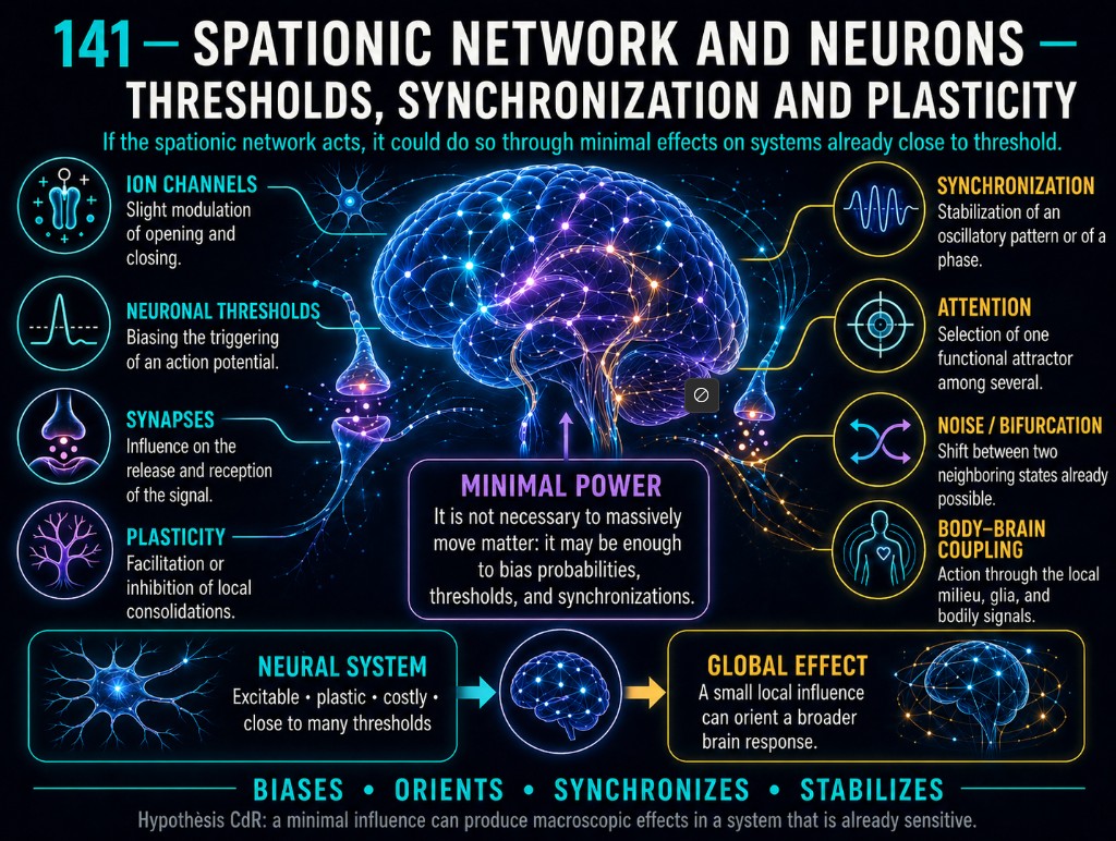 Spationic network and neurons, thresholds, synchronization and plasticity.
