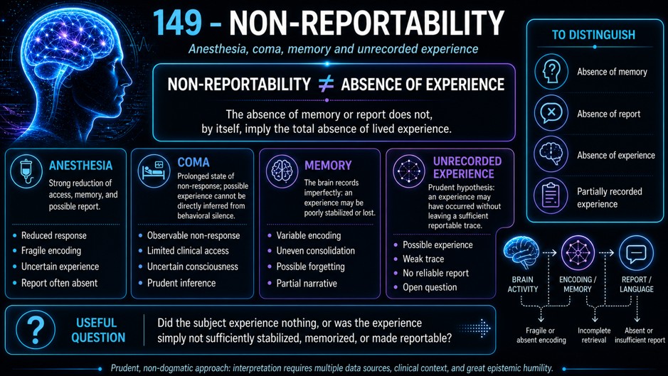 Non-reportability, anesthesia, coma, memory and unrecorded experience.
