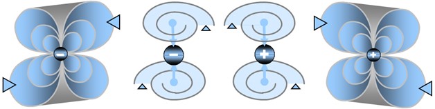 Représentation de vortex associés aux particules de type fermion, selon deux polarités opposées du sens de circulation des spations ; au centre, les configurations de charges opposées (- et +) illustrent les deux directions possibles du flux de spations à travers les vortex d'une même particule, conduisant à deux formes inversées d’une même structure.