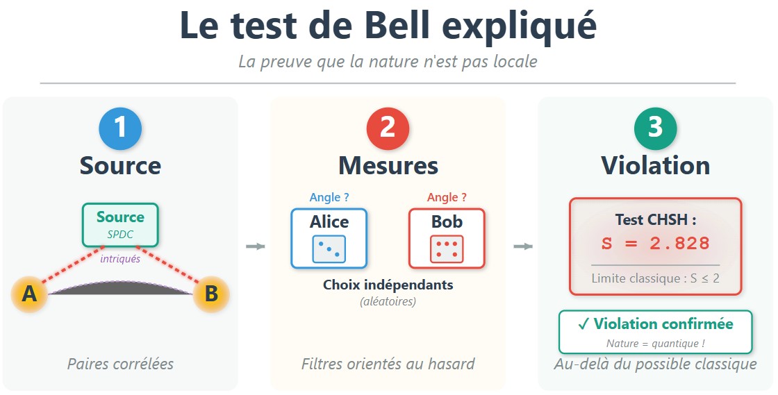 Schéma d’une expérience de type Bell avec source de photons intriqués, analyseurs d’Alice et Bob et courbe de corrélations mesurées.