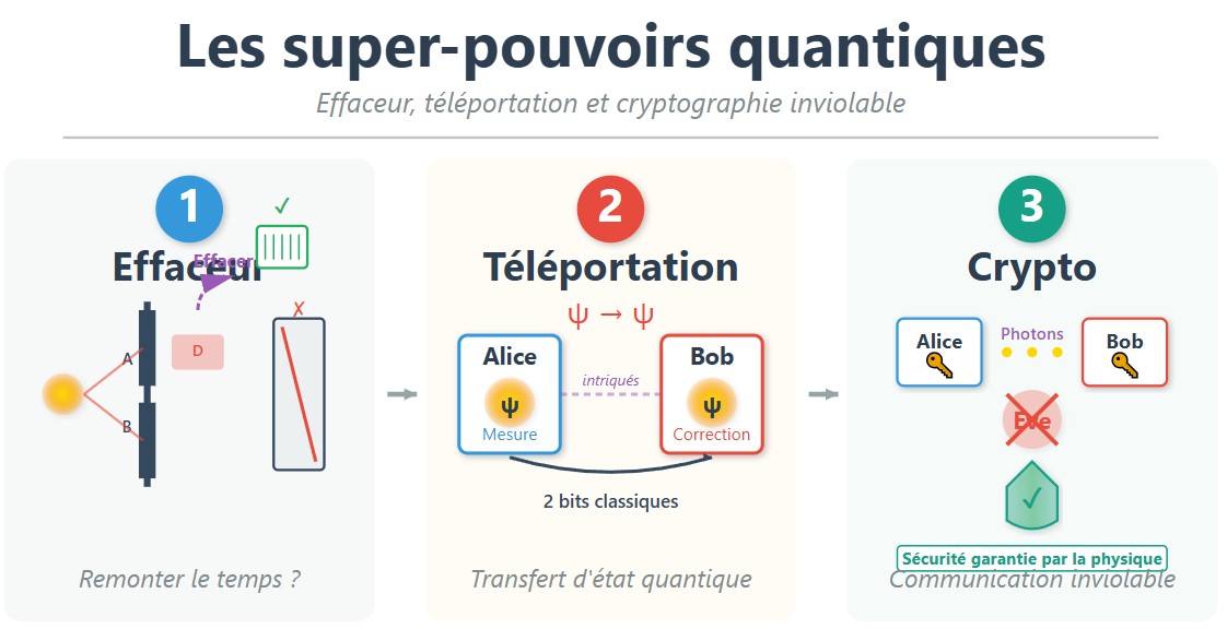 Illustration des trois grandes applications de l’intrication quantique : effaceur, téléportation et distribution sécurisée de clés de chiffrement.
