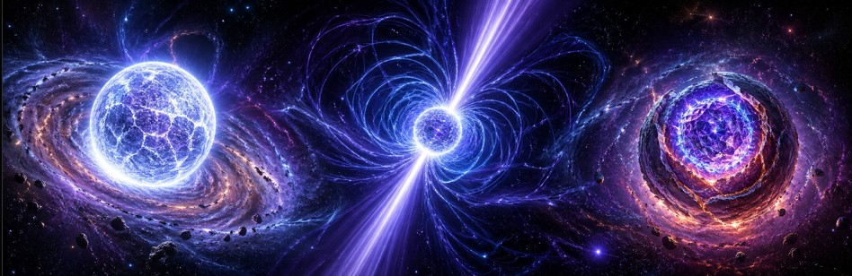 Montage d'objets compacts : pulsar, étoile à neutrons, configurations exotiques.