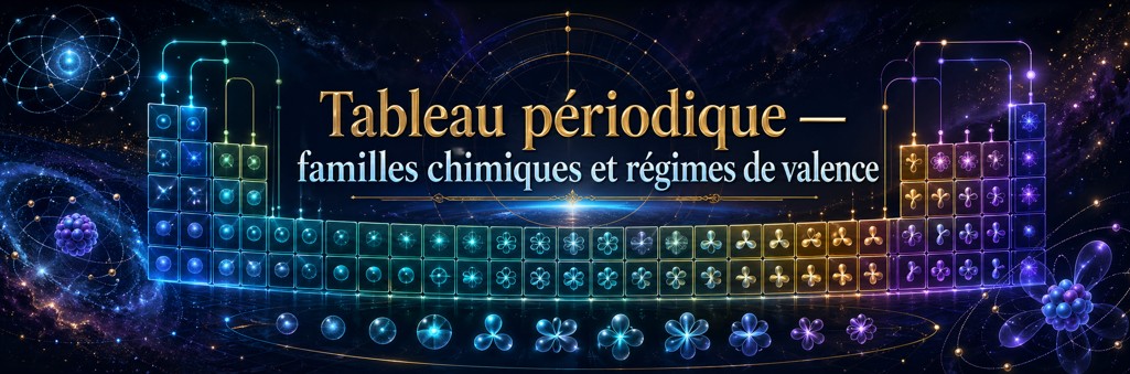 Tableau périodique lu comme organisation des familles chimiques selon leurs régimes de valence.