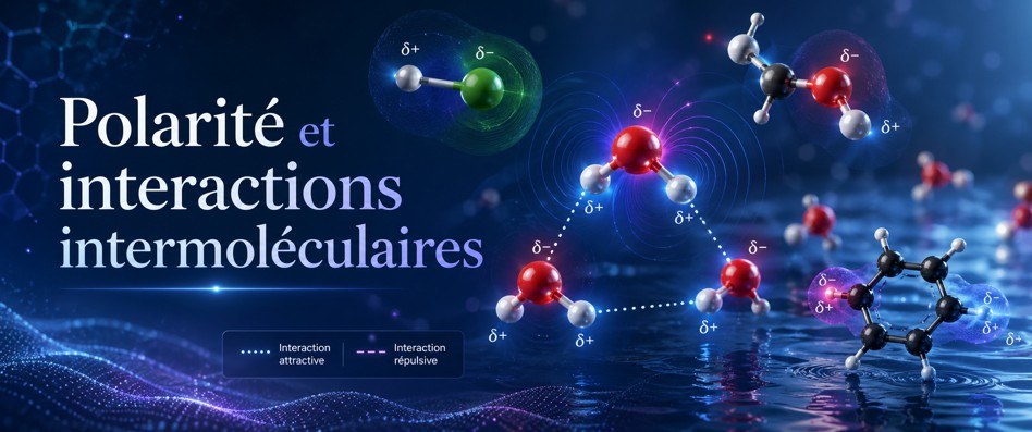 Molécules polaires, dipôles et interactions faibles entre régions partiellement chargées.
