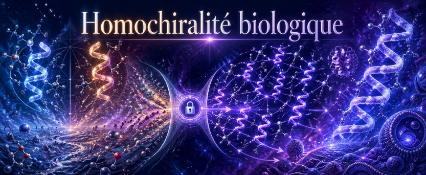 Amplification d’une orientation chirale commune dans un réseau prébiotique puis biologique.