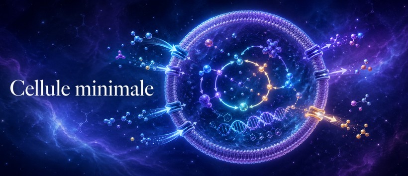 Cellule minimale intégrant membrane, flux, métabolisme, information et échanges contrôlés.