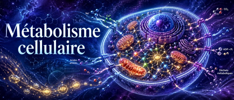 Métabolisme cellulaire montrant flux d’énergie, ATP, gradients, réactions couplées et maintien de l’organisation.