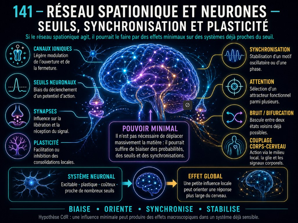 Réseau spationique et neurones, seuils, synchronisation et plasticité.