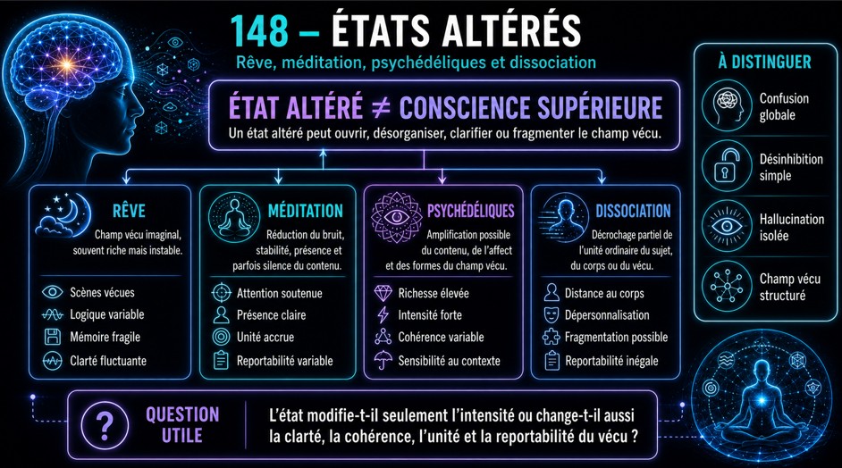 États altérés, rêve, méditation, psychédéliques et dissociation.